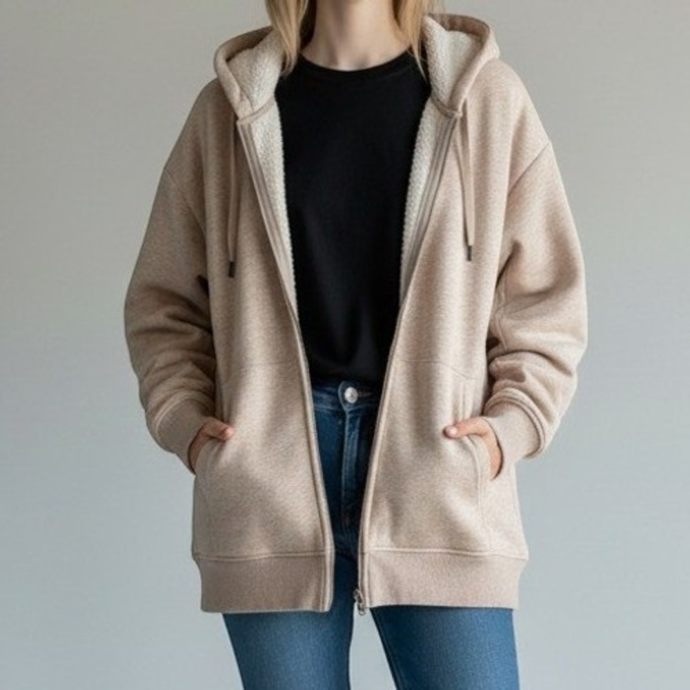 Old Navy Sherpa Lined Full Zip Hoodie Oversized Minimalist Beige Large